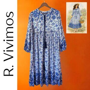 R.Vivimos Boho Maxi Floral Print Long Sleeve Casual Beach Dress for Women
